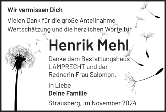 Traueranzeige von Henrik Mehl von Märkische Oderzeitung