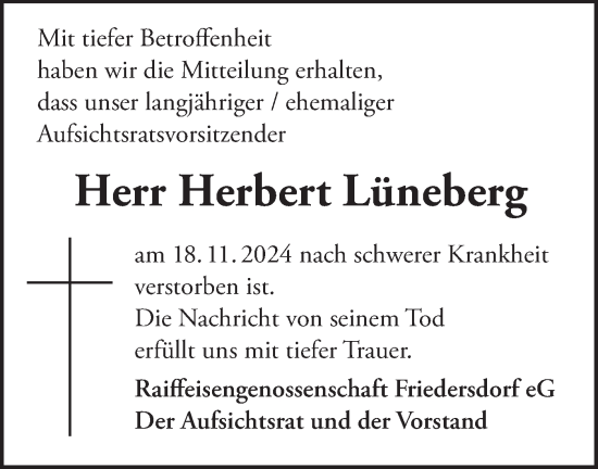 Traueranzeige von Herbert Lüneberg von Märkische Oderzeitung