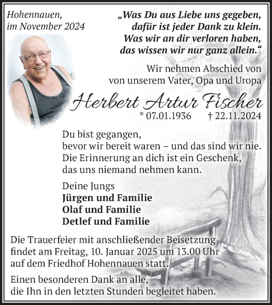 Traueranzeige von Herbert Artur Fischer von Märkische Oderzeitung