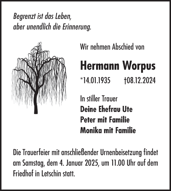 Traueranzeige von Hermann Worpus von Märkische Oderzeitung