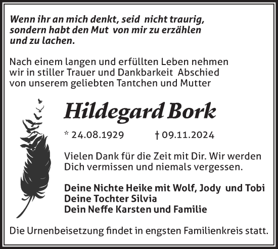 Traueranzeige von Hildegard Bork von Märkische Oderzeitung