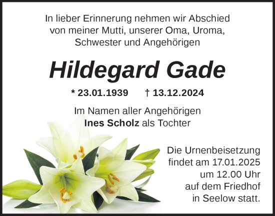 Traueranzeige von Hildegard Gade von Märkische Oderzeitung