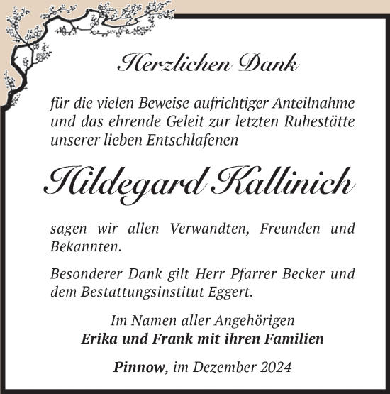 Traueranzeige von Hildegard Kallinich von Märkische Oderzeitung