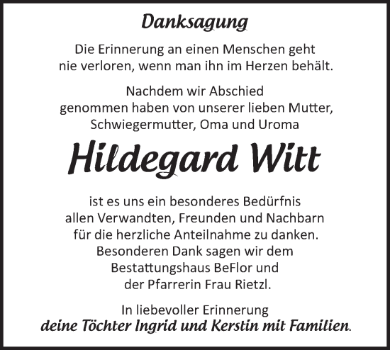 Traueranzeige von Hildegard Witt von Märkische Oderzeitung