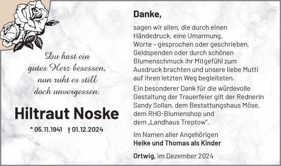 Traueranzeige von Hiltraut Noske von Märkische Oderzeitung