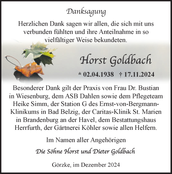 Traueranzeige von Horst Goldbach von Märkische Oderzeitung