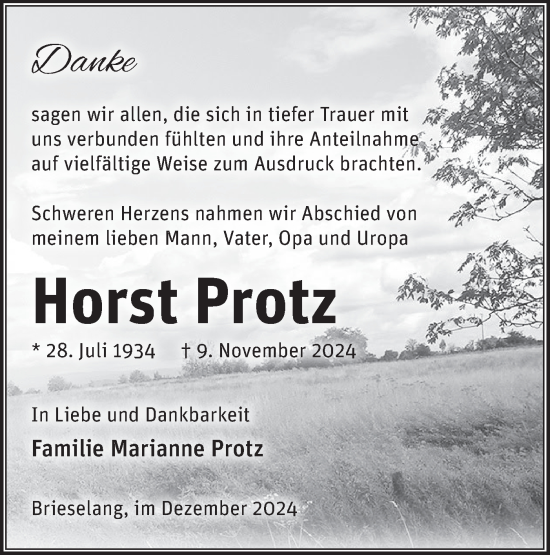 Traueranzeige von Horst Protz von Märkische Oderzeitung