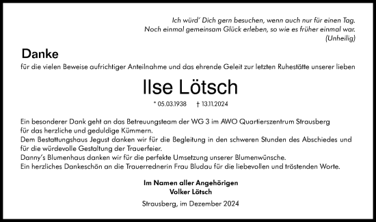 Traueranzeige von Ilse Lötsch von Märkische Oderzeitung