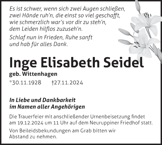 Traueranzeige von Inge Elisabeth Seidel von Märkische Oderzeitung