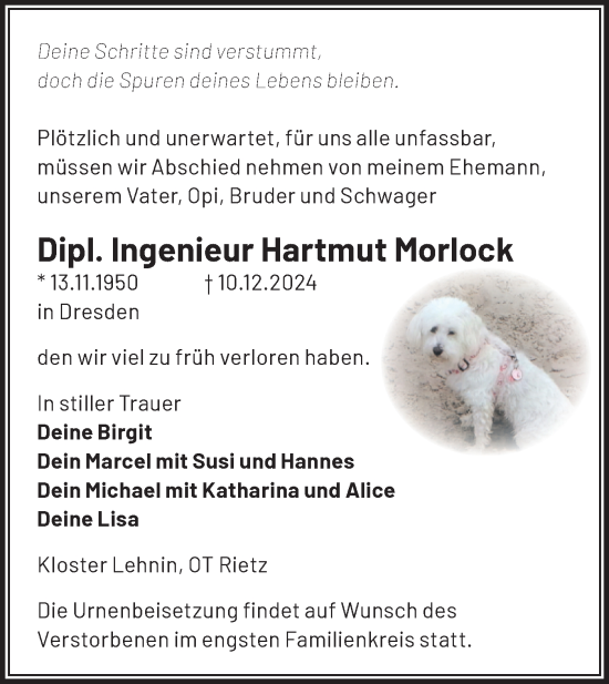 Traueranzeige von Ingenieur Hartmut Morlock von Märkische Oderzeitung