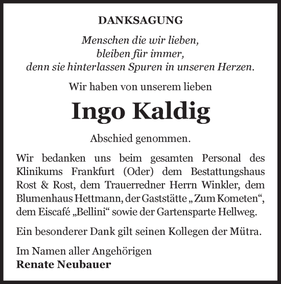 Traueranzeige von Ingo Kaldig von Märkische Oderzeitung