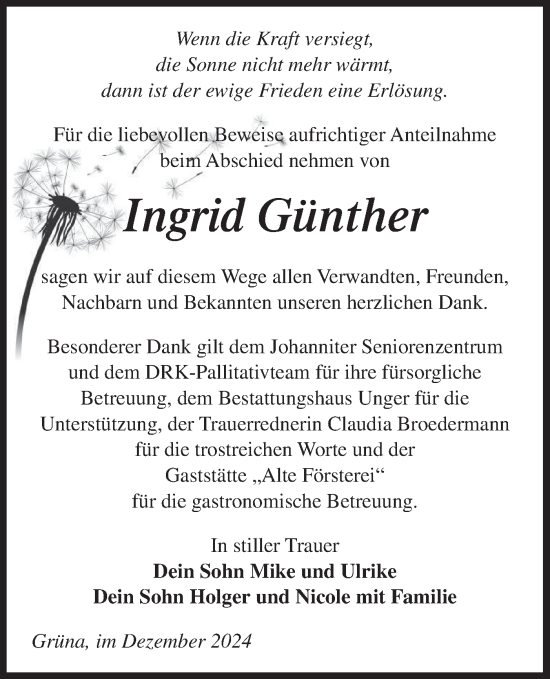 Traueranzeige von Ingrid Günther von Märkische Oderzeitung