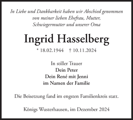 Traueranzeige von Ingrid Haselberg von Märkische Oderzeitung