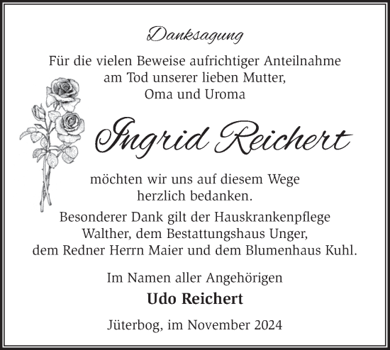 Traueranzeige von Ingrid Reichert von Märkische Oderzeitung