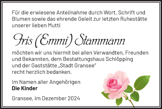 Traueranzeige von Iris Stammann von Märkische Oderzeitung