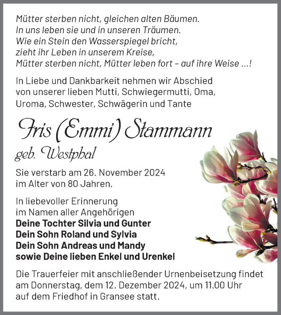 Traueranzeige von Iris Stammann von Märkische Oderzeitung