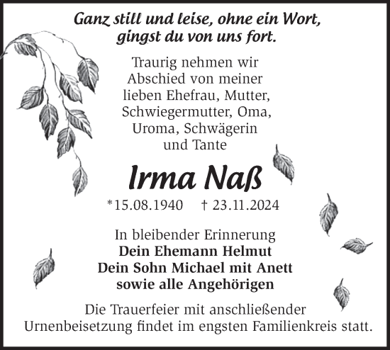 Traueranzeige von Irma Naß von Märkische Oderzeitung