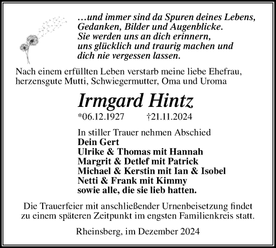 Traueranzeige von Irmgard Hintz von Märkische Oderzeitung