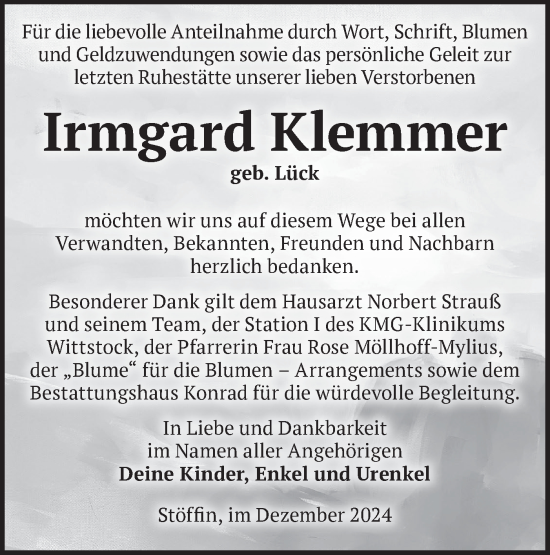 Traueranzeige von Irmgard Klemmer von Märkische Oderzeitung