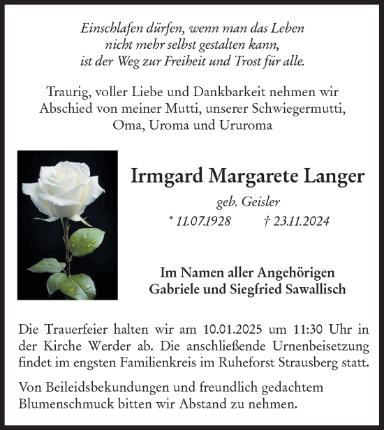 Traueranzeige von Irmgard Margarete Langer von Märkische Oderzeitung