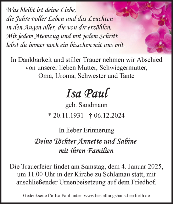 Traueranzeige von Isa Paul von Märkische Oderzeitung