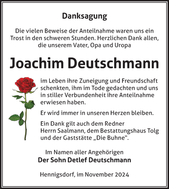 Traueranzeige von Joachim Deutschmann von Märkische Oderzeitung