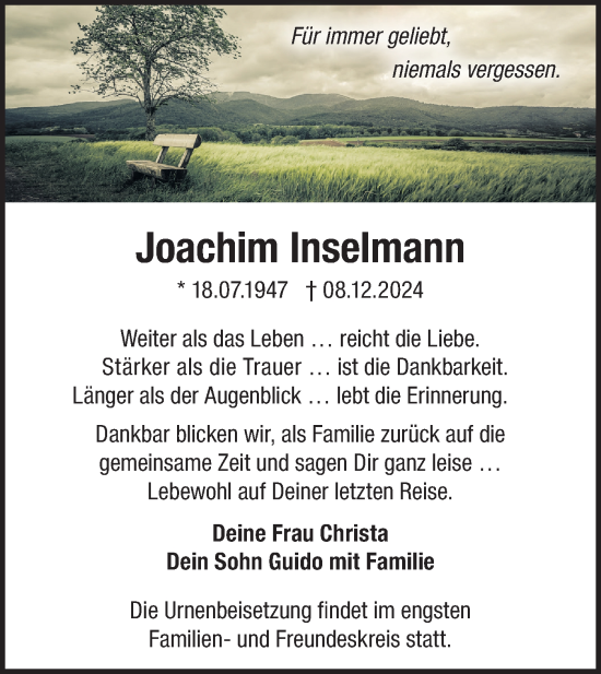 Traueranzeige von Joachim Inselmann von Märkische Oderzeitung