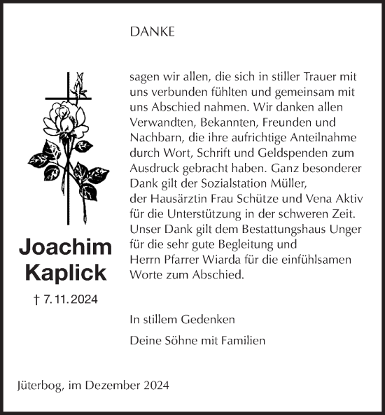 Traueranzeige von Joachim Kaplick von Märkische Oderzeitung