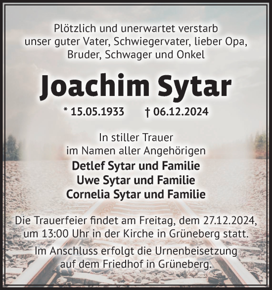 Traueranzeige von Joachim Sytar von Märkische Oderzeitung