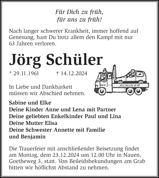 Traueranzeige von Jörg Schüler von Märkische Oderzeitung