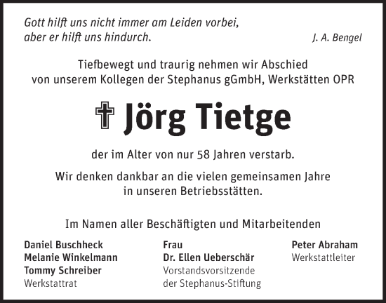 Traueranzeige von Jörg Tietge von Märkische Oderzeitung