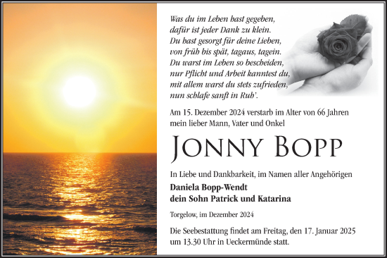 Traueranzeige von Jonny Bopp von Märkische Oderzeitung