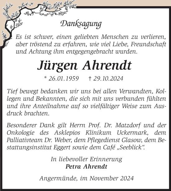 Traueranzeige von Jürgen Ahrendt von Märkische Oderzeitung