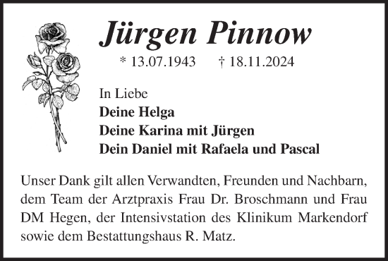 Traueranzeige von Jürgen Pinnow von Märkische Oderzeitung