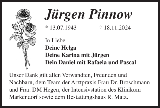 Traueranzeige von Jürgen Pinnow von Märkische Oderzeitung