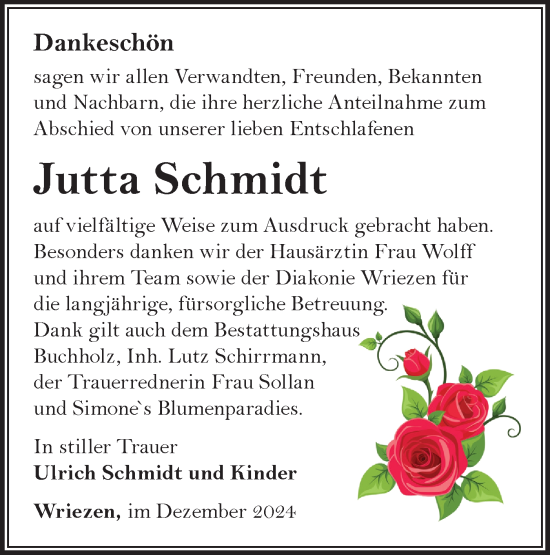 Traueranzeige von Jutta Schmidt von Märkische Oderzeitung