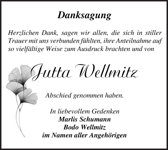 Traueranzeige von Jutta Wellmitz von Märkische Oderzeitung