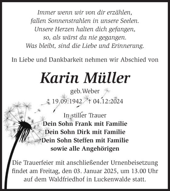 Traueranzeige von Karin Müller von Märkische Oderzeitung