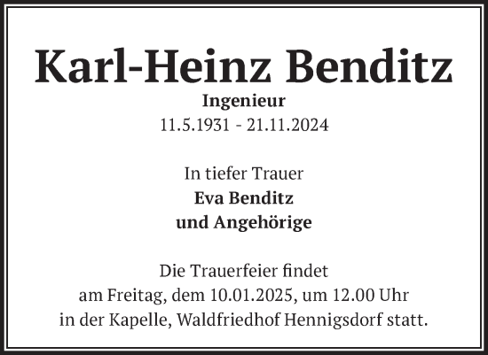 Traueranzeige von Karl-Heinz Benditz von Märkische Oderzeitung