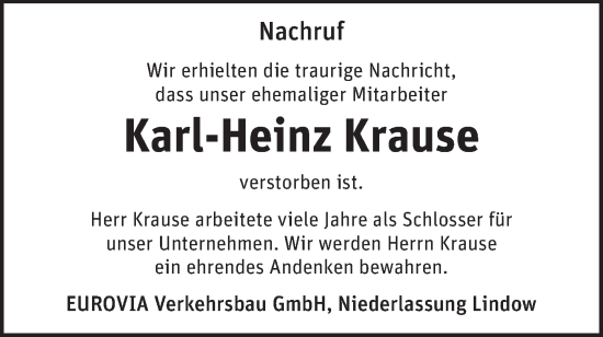 Traueranzeige von Karl-Heinz Krause von Märkische Oderzeitung