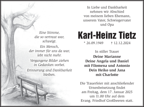 Traueranzeige von Karl-Heinz Tietz von Märkische Oderzeitung