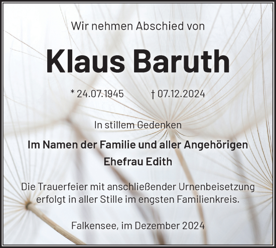 Traueranzeige von Klaus Baruth von Märkische Oderzeitung