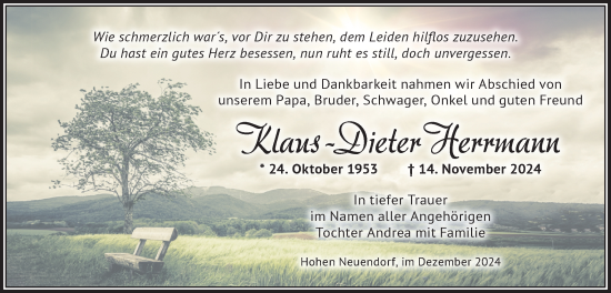 Traueranzeige von Klaus-Dieter Herrmann von Märkische Oderzeitung