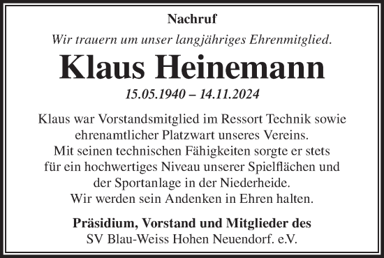 Traueranzeige von Klaus Heinemann von Märkische Oderzeitung