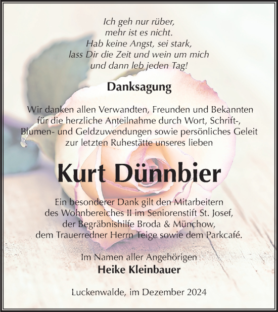 Traueranzeige von Kurt Dünnbier von Märkische Oderzeitung