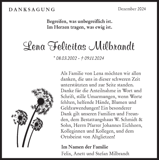 Traueranzeige von Lena Felicitas Milbrandt von Märkische Oderzeitung