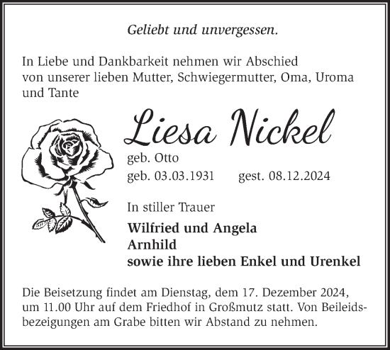 Traueranzeige von Liesa Nickel von Märkische Oderzeitung