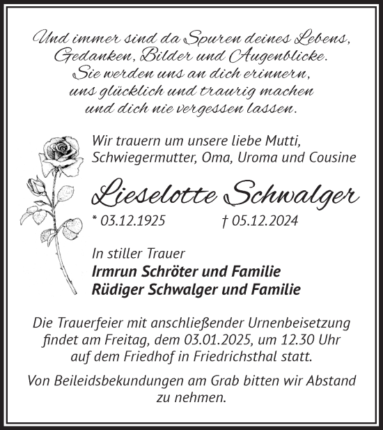 Traueranzeige von Lieselotte Schwalger von Märkische Oderzeitung