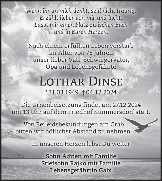 Traueranzeige von Lothar Dinse von Märkische Oderzeitung