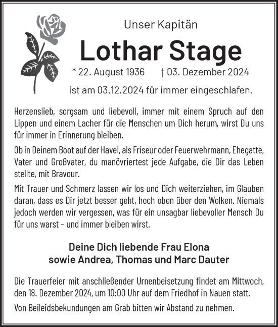 Traueranzeige von Lothar Stage von Märkische Oderzeitung